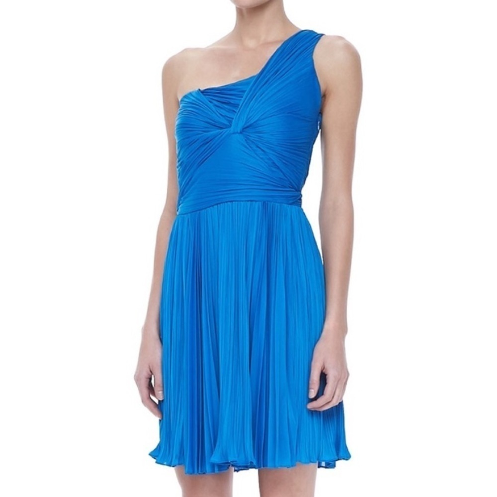 Halston Heritage One-Shoulder Pleated Cocktail Mini Dress Cornflower Blue Size 4